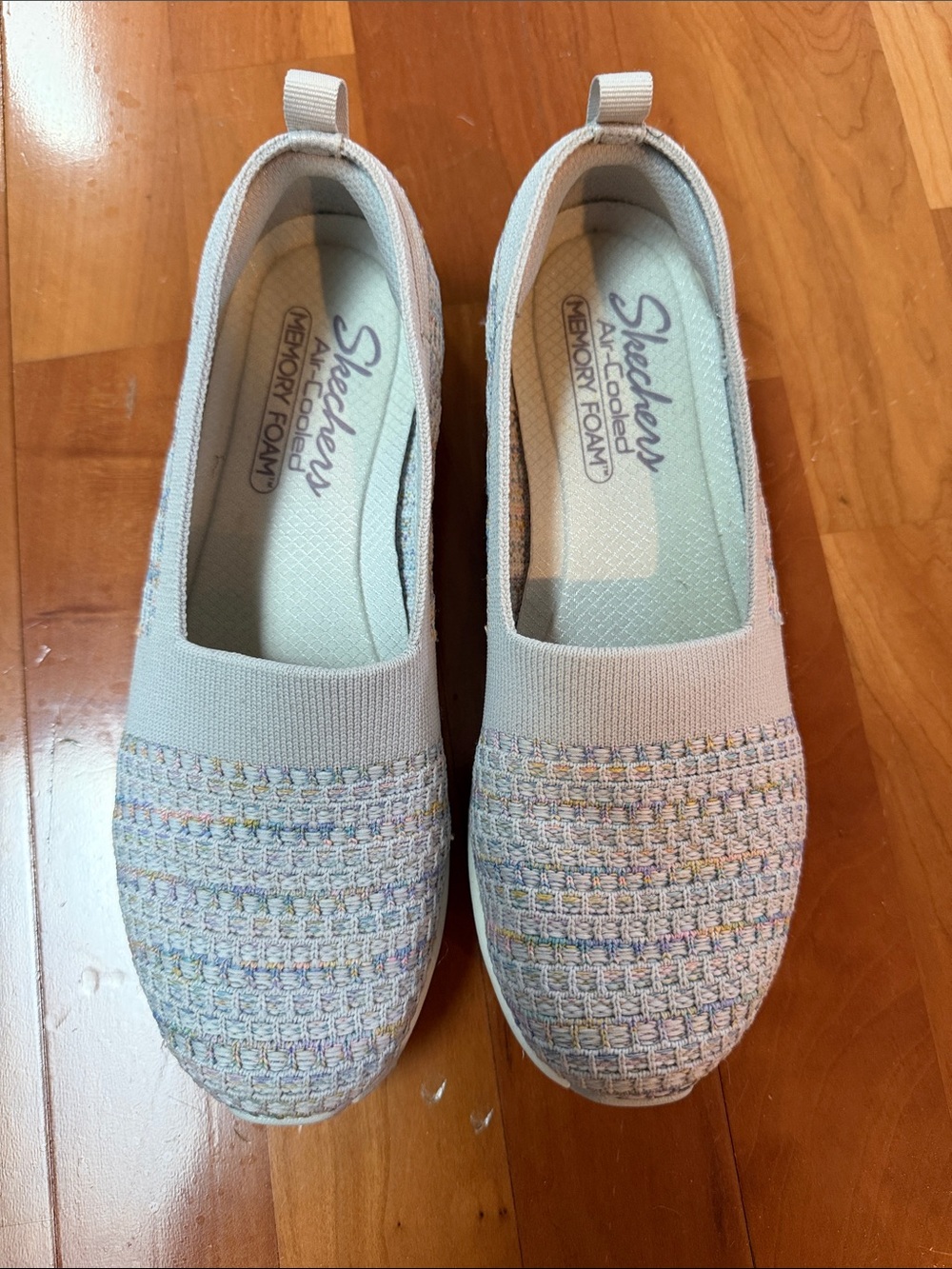 Skechers Women’s Slip-On Knit Flats in Light Gray with Pastel Accents